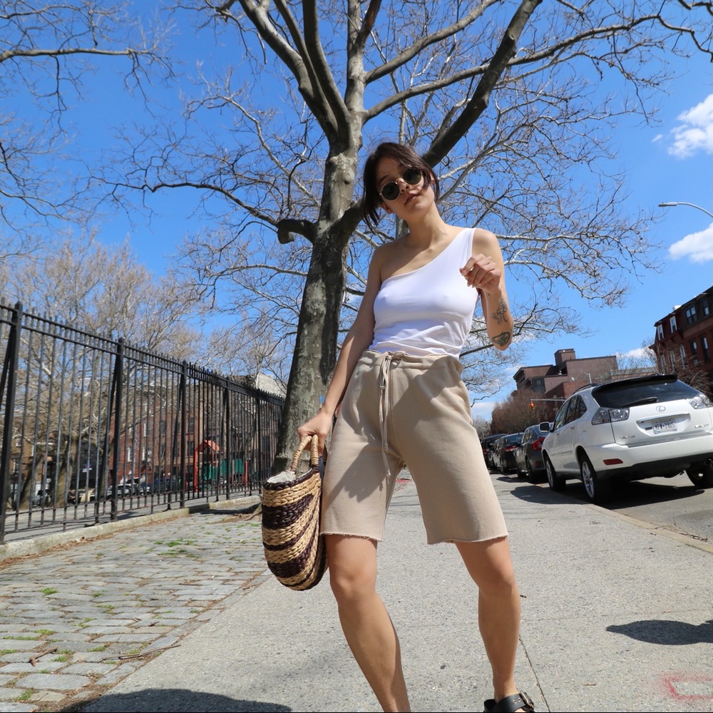 Beige high-waisted wide leg sweat shorts